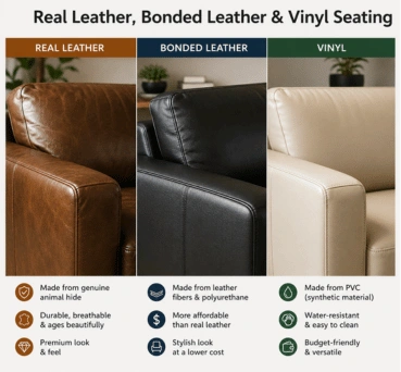 Real leather, bonded leather and vinyl seating